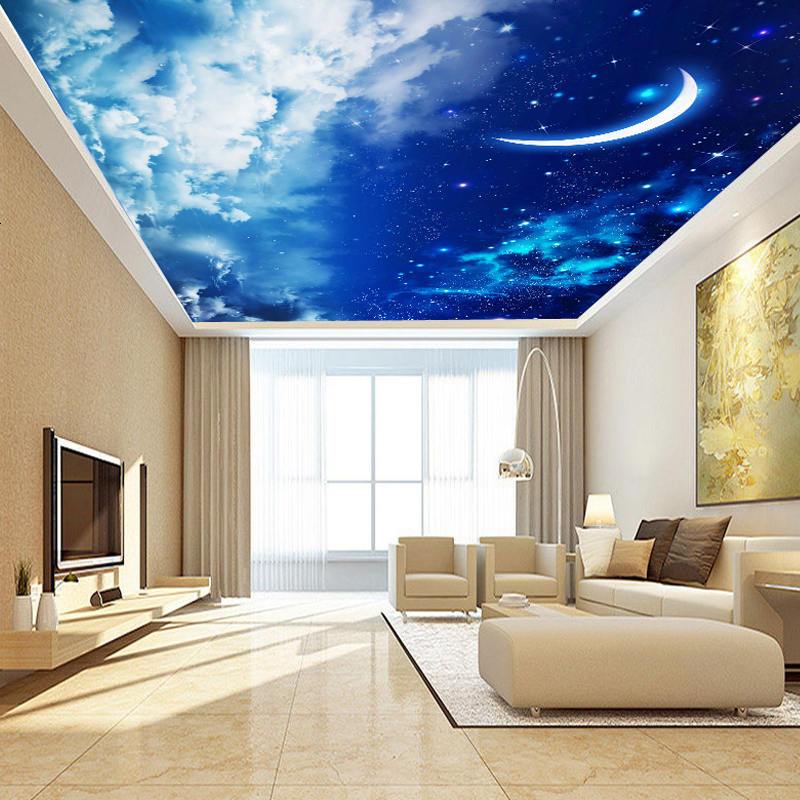 洛蔓客厅沙发卧室电视背景墙壁画定制无缝整张环保吊顶天花板星空月亮