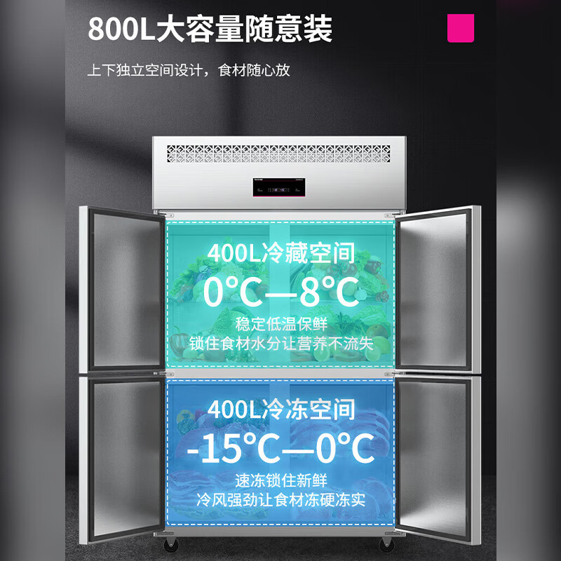 lecon/乐创 商用四门冰箱冷柜立式冷藏柜 大容量冷冻双温饭店冰柜 双门全玻璃门全冷藏高清大图