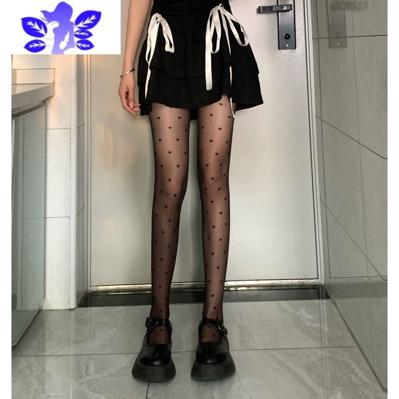 Ideamini黑色波点丝袜新款2021女辣妹搭配爱心点点连裤打底袜字母黑丝