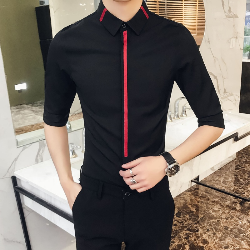 夏季年轻型男餐厅员男士修身七分袖衬衫免烫韩版中袖寸衣制服