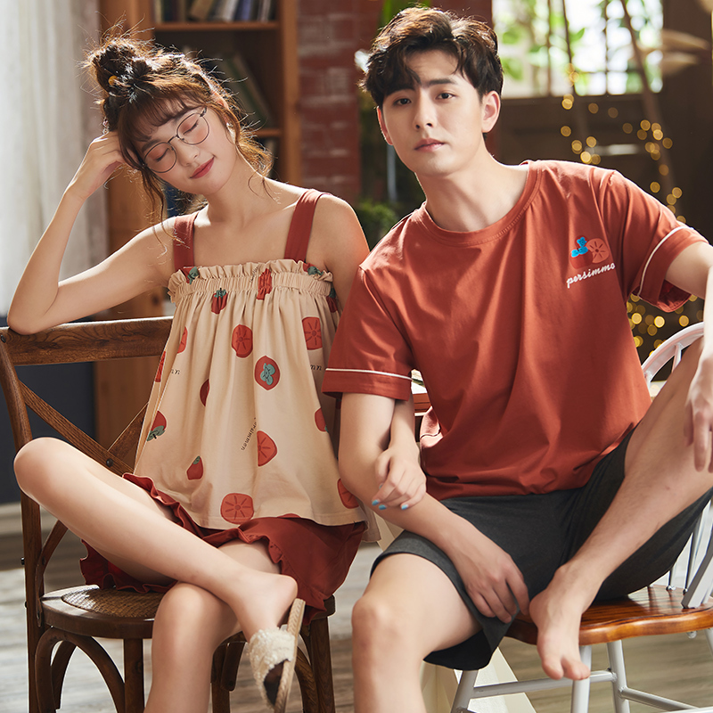 hlcoman2套价情侣睡衣夏季棉短袖甜美可爱性感吊带睡裙男女家居服套装