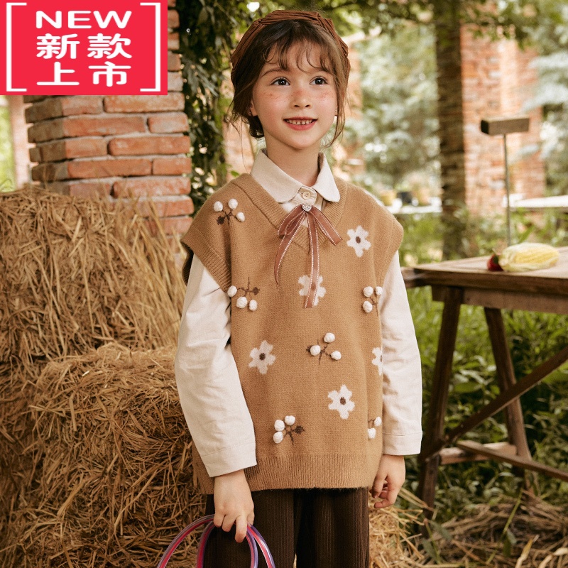 可莉允女童针织衫毛衣春秋装2022年新款儿童V领毛线马甲背心小坎肩外套