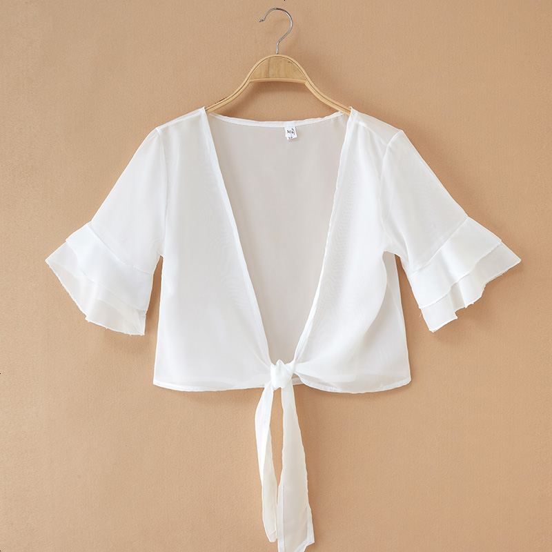 夏季小披肩外搭短款蕾丝薄款开衫白色雪纺镂空防晒衣小坎肩