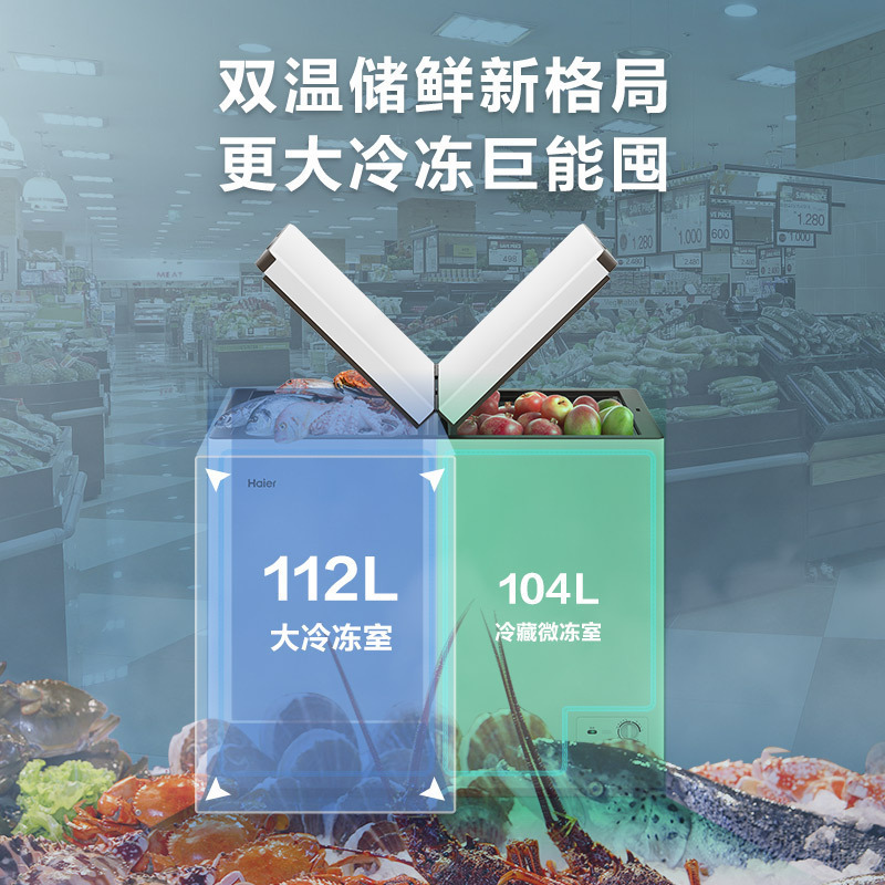 海尔(Haier)卧式冰柜216升冷柜 冷藏冷冻 双温储鲜格局 小巧不占地 家用商用两用冰箱 FCD-216LHSD高清大图