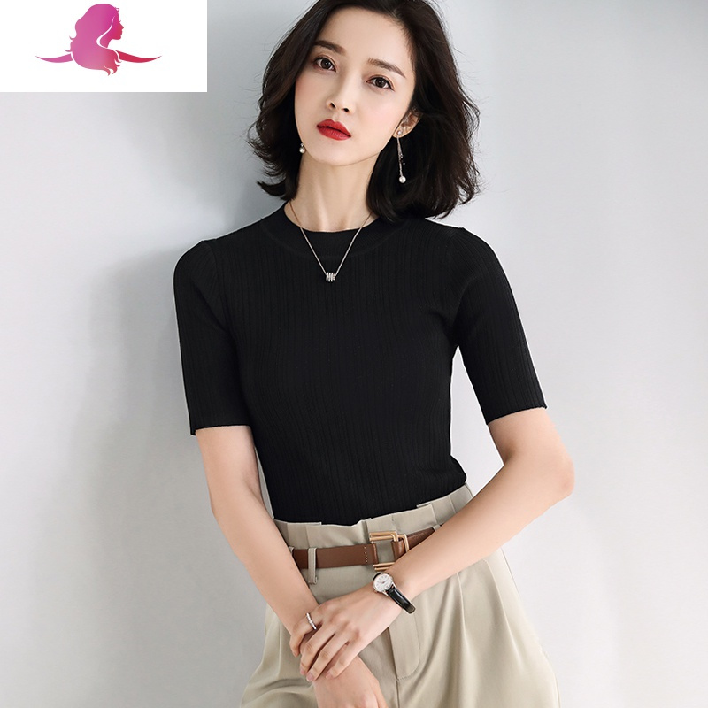 艳如飞夏季简约纯色短袖t恤女圆领修身显瘦短款薄针织衫黑色冰丝上衣