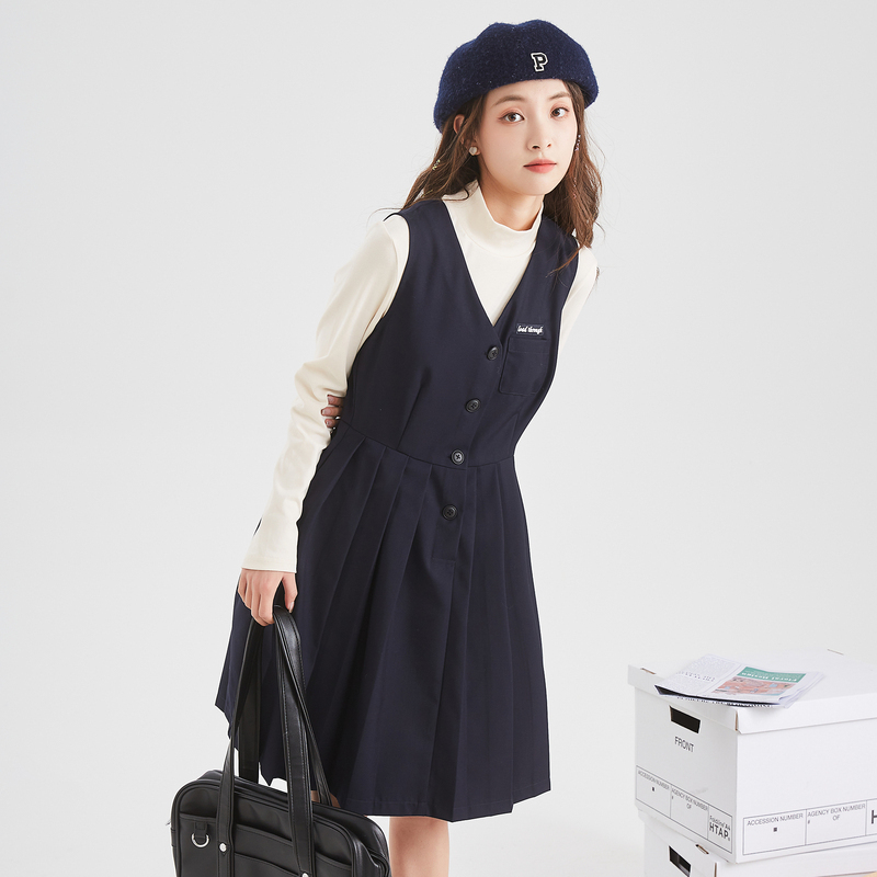 [2.5折价81.7元叠加优惠券]唐狮背心裙春装新款女装学院风学生a字百褶连衣裙高清大图