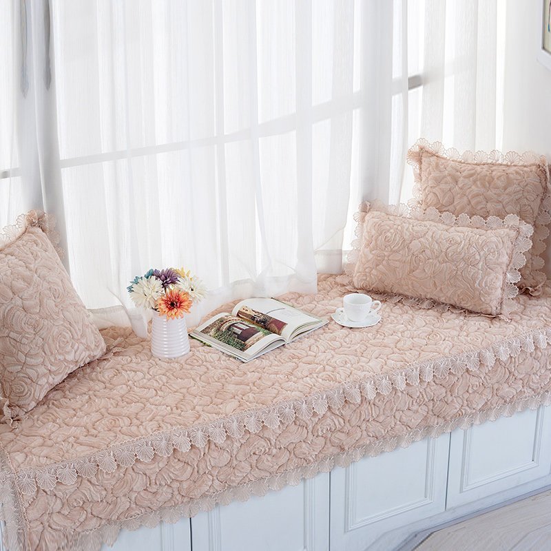汐岩阳台飘窗垫窗台垫卧室飘窗装饰榻榻米四季坐垫儿童房公主风飘窗毯 玫瑰毛绒-香槟色宽50+20*长210cm一张