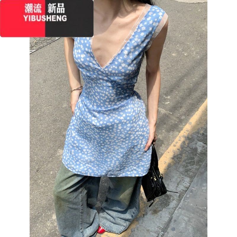 YIBUSHENG蓝色碎花v领背心连衣裙女装季度假修身短裙叠穿无袖收腰a字裙子图片