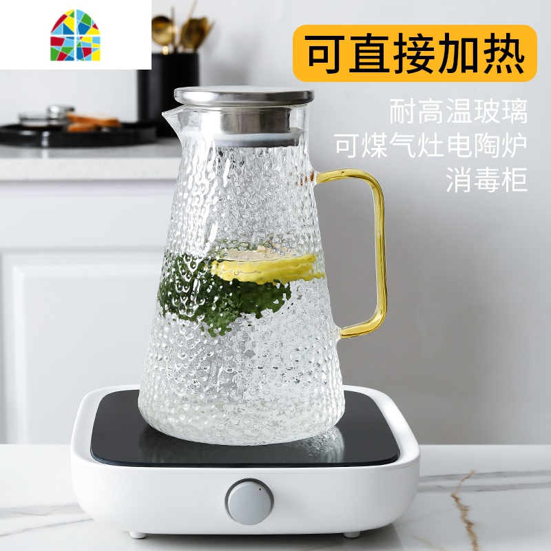 冷水壶套装凉水茶壶玻璃水杯带把手耐热高温防爆家用大容量凉白开 FENGHOU 金把杯6只+白杯架凉水壶高清大图