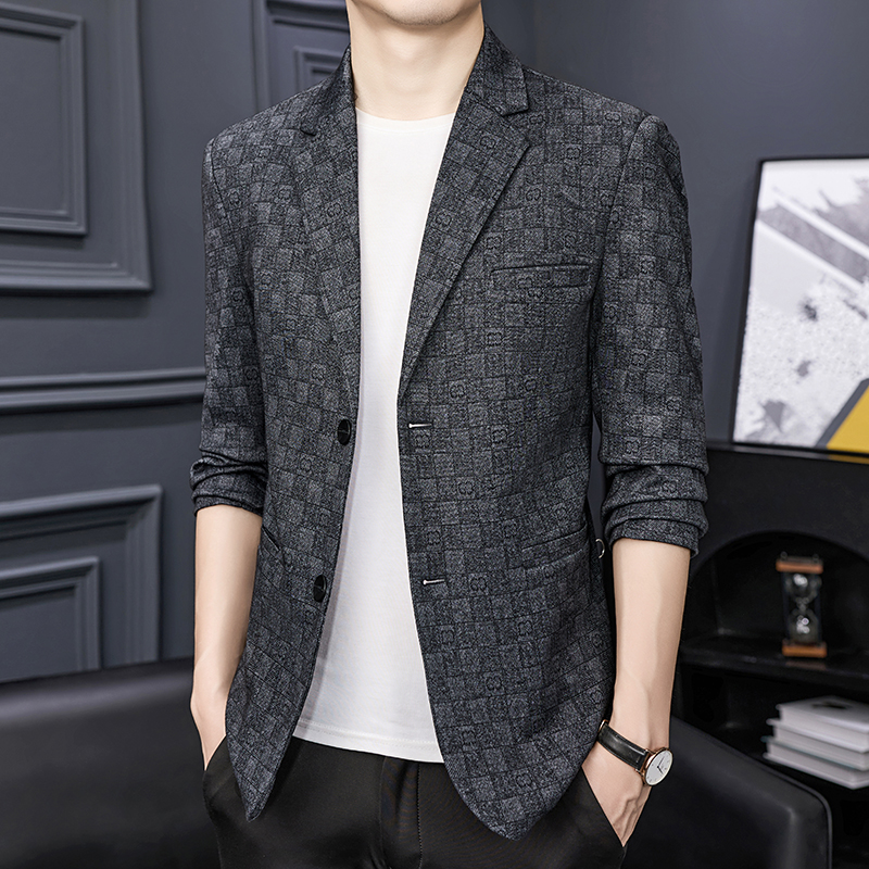 免费退换 时尚青年单西便服男士商务休闲外套秋新款格子西装男修身西服春秋单西修身外套西服西装专柜正品特款高清大图