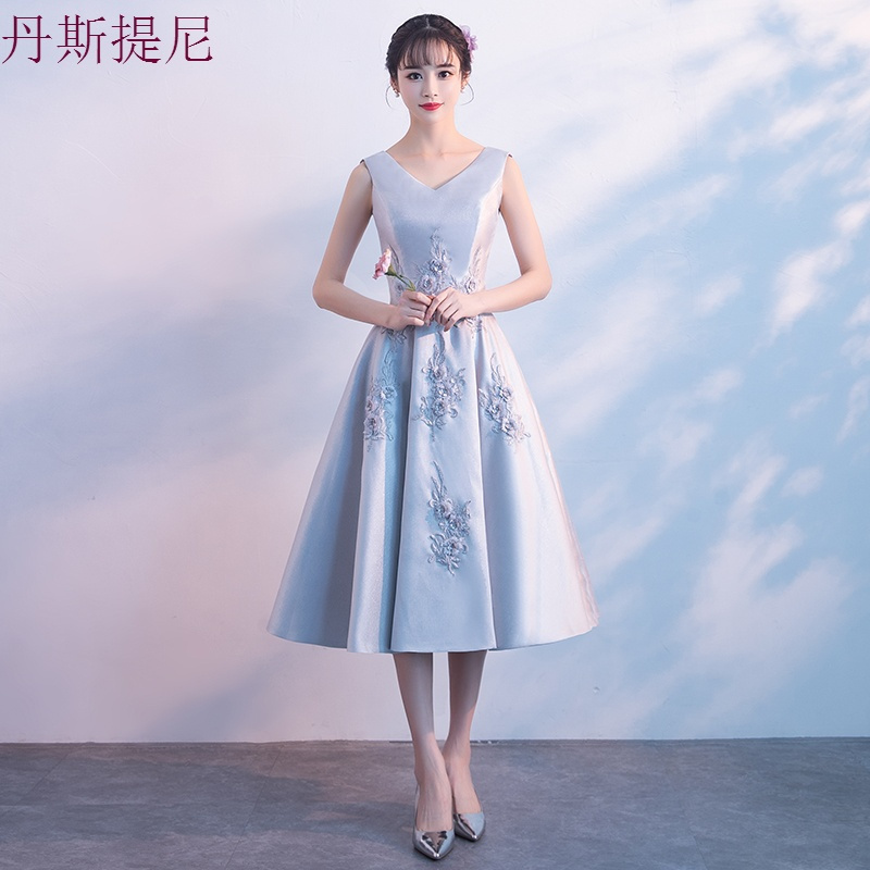伴娘礼服2018新款韩式灰色姐妹裙伴娘团中长款显瘦连衣裙小礼服夏