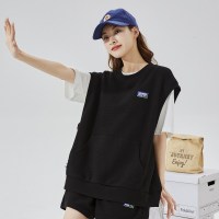 唐狮0夏新款华夫格运动套装女薄款宽松短袖T恤短裤两件套开衫 M 黑色背心（全码预售4月30日发货）