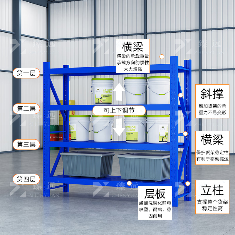 臻远 ZY4121568 重型货架置物架四层主架 蓝色 2000*600*2000mm 500kg
