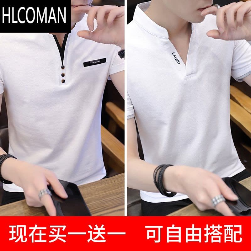 HLCOMAN短袖男t恤2024夏季新款韩版潮牌上衣服男士修身V领半袖小衫图片