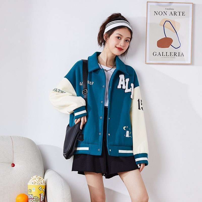 唐狮棒球服女冬加厚01年新款加绒秋冬运动百搭休闲外套时尚秋季 S 无绒款/松石绿