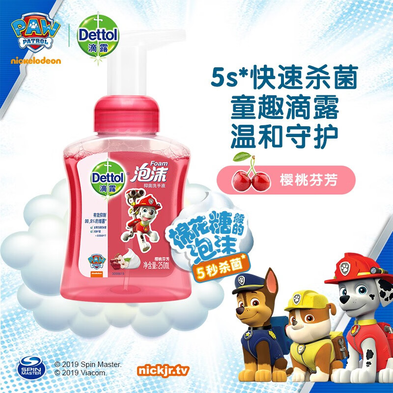 滴露(Dettol)泡沫洗手液250ml*2瓶 汪汪队 有效抑菌 男女士儿童宝宝清洁易冲洗 樱桃250+兰花250ml