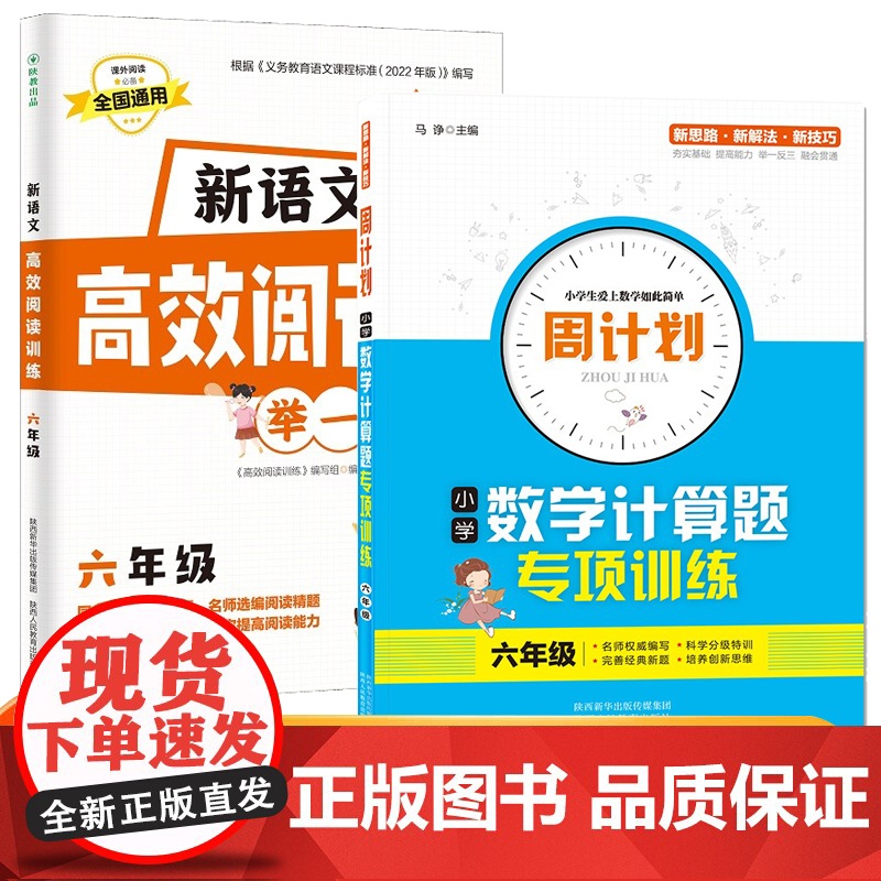 六年级新语文高效阅读训练+周计划小学数学计算题专项训练全2册 小学语文课外阅读理解答题技巧专项训练 数学应用题强化训练教高清大图