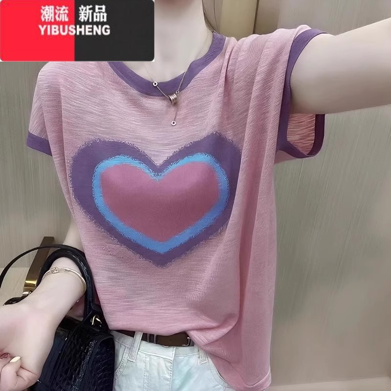 YIBUSHENG薄款针织衫新款竹节麻短袖上衣女爱心宽松减龄圆领亚麻拼色T恤 高端粉色 3XL