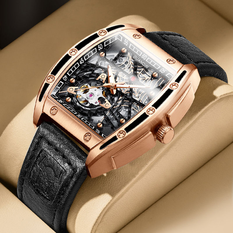 冠琴(guanqin)正品手表男酒桶长方形镂空全自动机械表男士防水瑞士