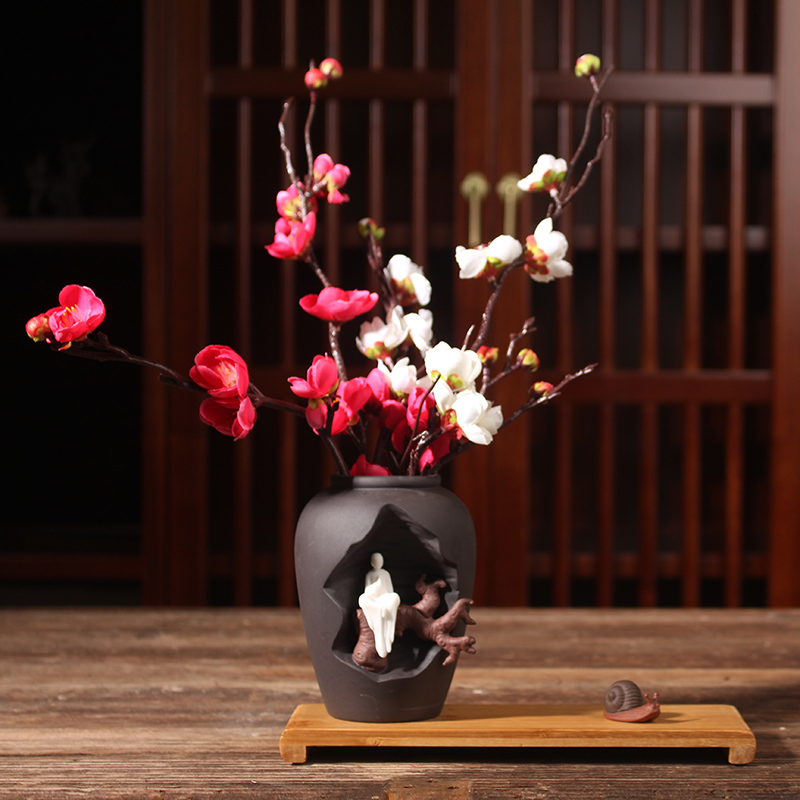 北欧简约中式禅意花器陶瓷干花插花客厅桌面装饰小花瓶工艺品摆件 三维工匠 水培花器8(木架+仿真花+蜗牛) 中等高清大图