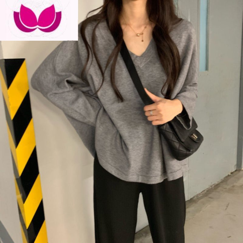 七斓2023年装新款韩版宽松V领长袖T恤女上衣内搭纯白色打底衫德绒