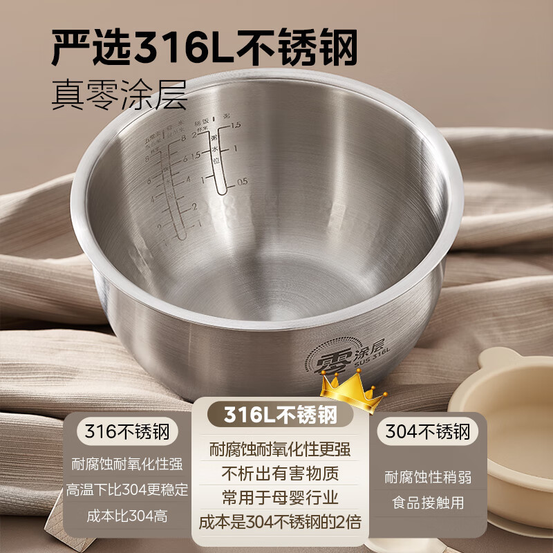 美的(Midea)电饭煲MB-HC459S 0涂层内胆电饭锅IH加热4L大容量316L不锈钢内胆多功能智能预约煮饭锅