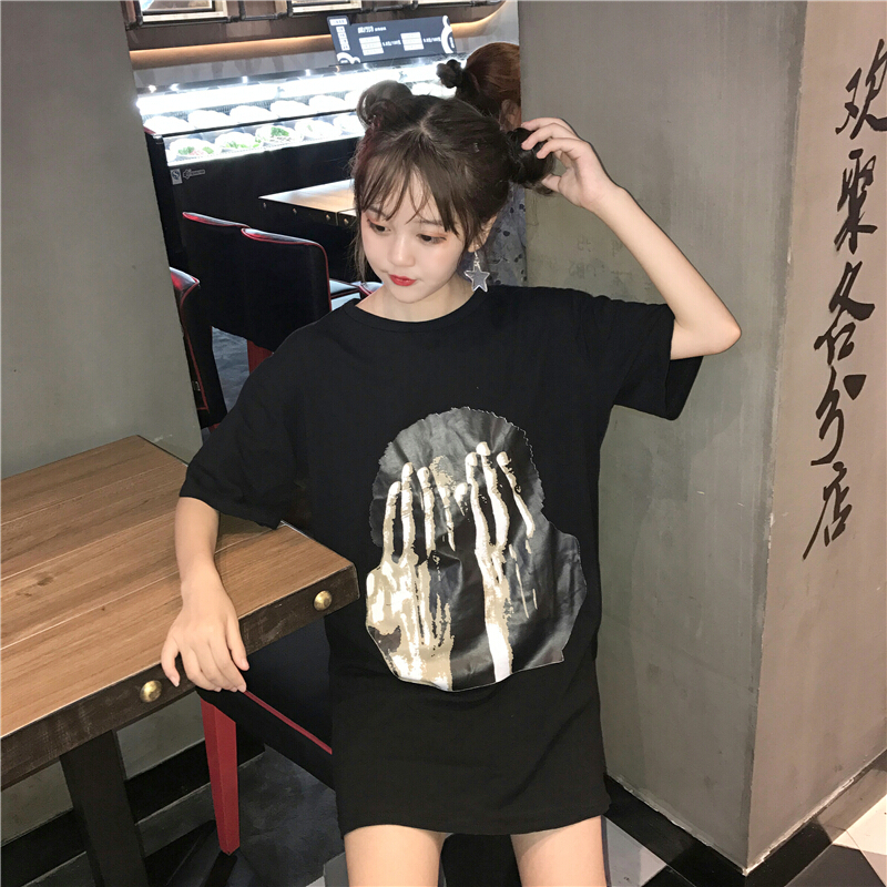 春夏女装韩版宽松性感个性后背镂空中长款露背短袖T恤上衣打底衫黑色均码