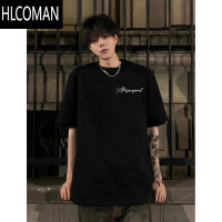 HLCOMAN美式花灰色短袖T恤男高街痞帅潮牌小领口设计感落肩半袖