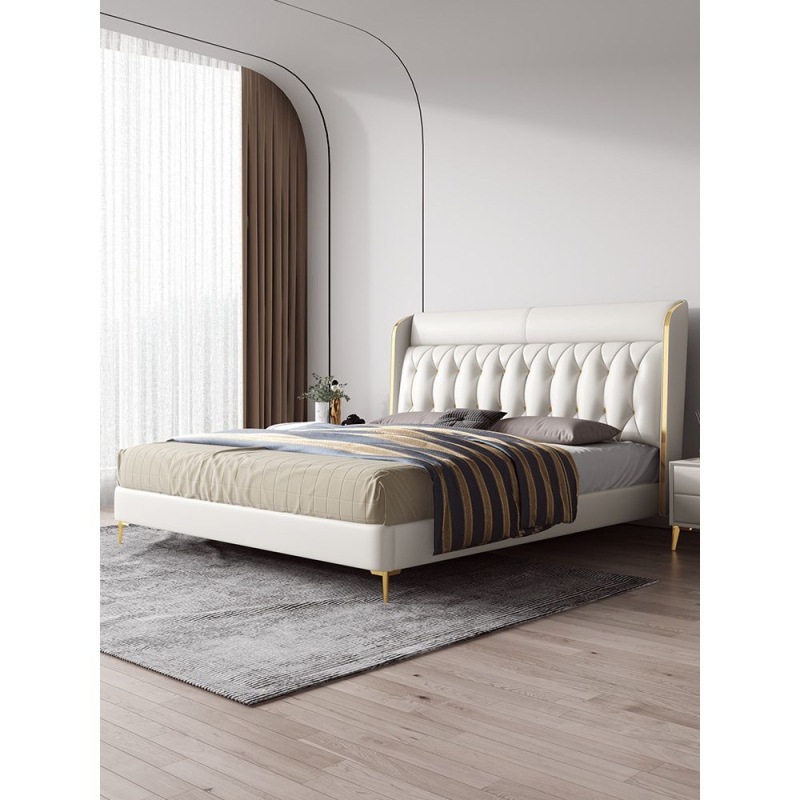 意式真皮床1.8米轻奢现代主卧大气储物软包白色网红婚床金脚