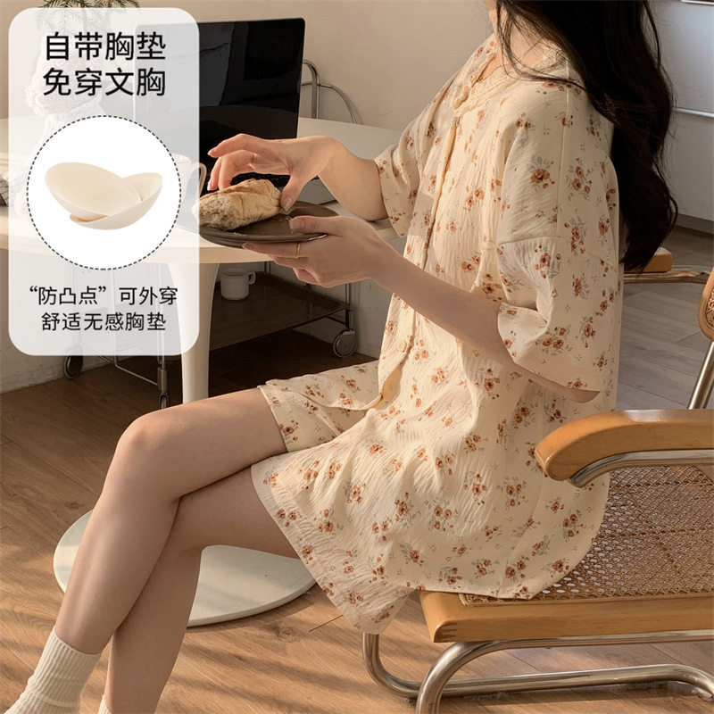 2026年短袖短裤云朵棉夏季薄款开衫睡衣女可爱新款带胸垫套装高清大图