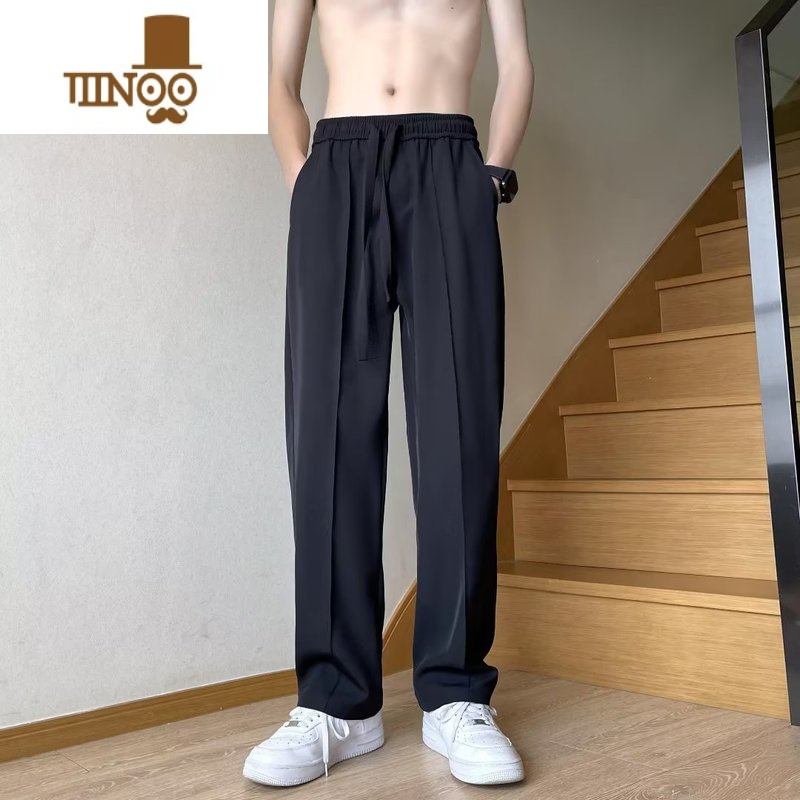 YANXU裤子男直筒宽松冰丝夏季薄款休闲长裤垂坠感拖地裤潮牌感西坠 3XL 黑色