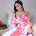 韩版春秋季情侣真丝睡袍丝绸浴袍睡衣女睡裙夏季男长袖冰丝家居服_2_506 女XL(120-140斤) 1094粉色