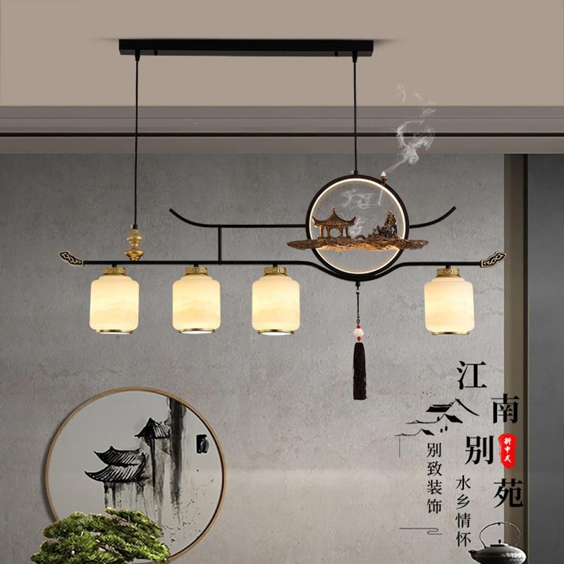 古达新中式餐吊灯直杆中国风禅意茶台灯迎客松书房书桌茶室长条灯多头