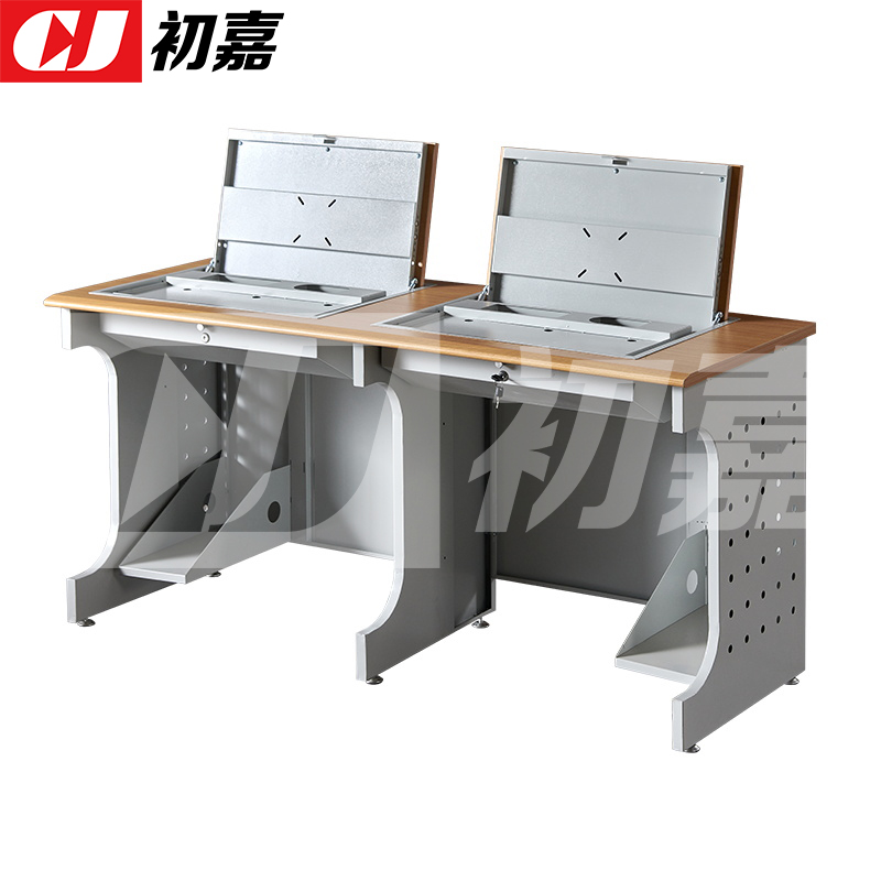初嘉(CJ)隐藏式翻转桌钢制电脑桌培训桌教室机房多媒体讲台D款1.6米高清大图