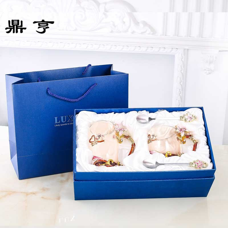 鼎亨百合珐琅彩水杯玻璃杯子女家用洛施花舍套装耐热创意套花