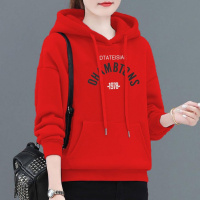 加绒加厚卫衣女冬季保暖衫连帽减龄印花妈妈装显瘦宽松百搭上衣_1_372 3XL建议145-155斤 685#红色【棉质连帽薄款】