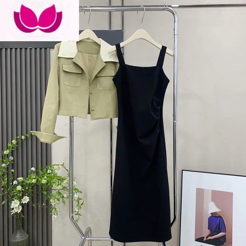 七斓法式甜辣风休闲时尚套装女春季修身拼色短外套显瘦吊带裙套潮图片