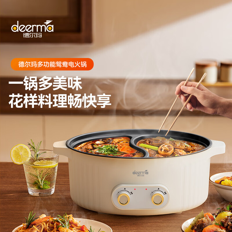 德尔玛电煮锅 小电锅 宿舍小锅 电炒锅电热锅学生宿舍泡面电火锅多功能用途锅鸳鸯锅DG50X 白色