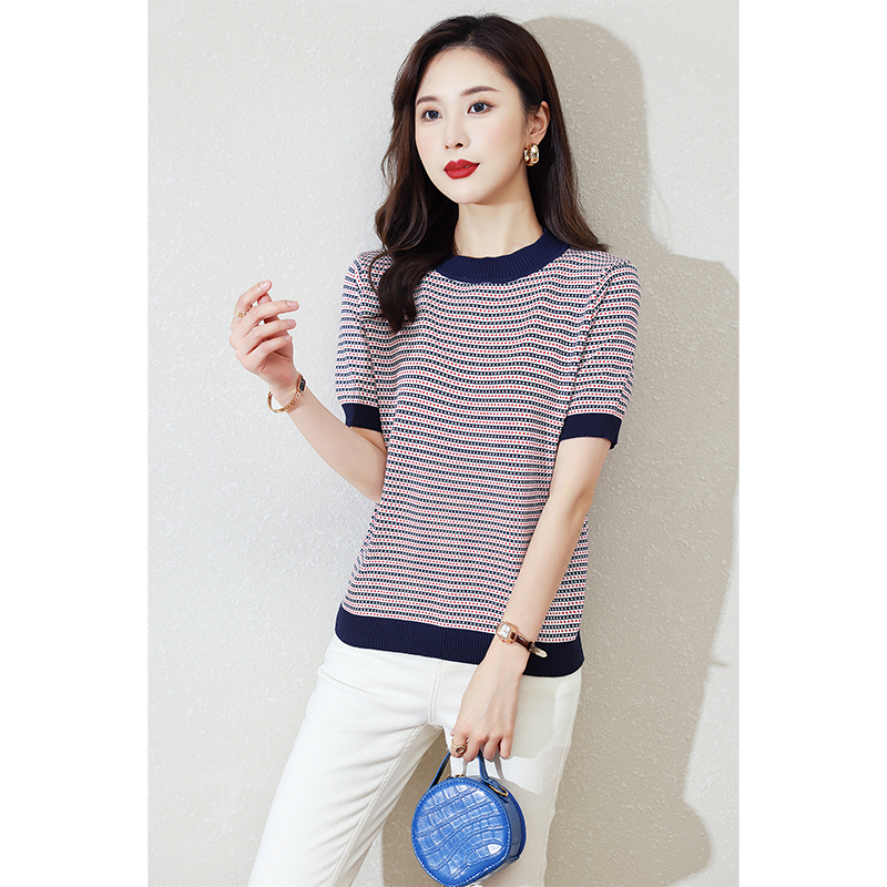 cachecache夏季圆领针织衫短袖复古条纹时尚百搭女士t恤