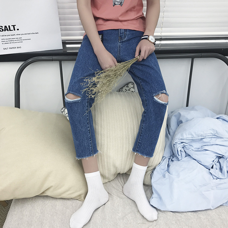 个性潮男男士韩版时尚牛仔裤学生百搭破洞休闲裤修身小脚裤九分裤