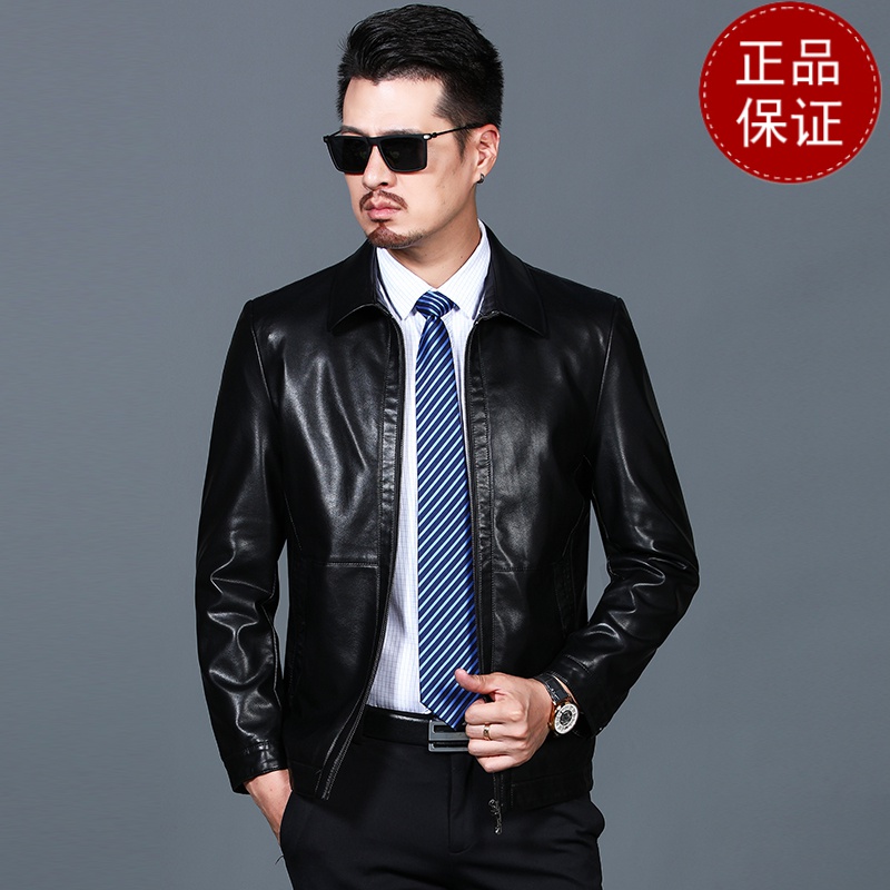 免费试穿黑色皮衣男薄款秋冬外套百搭翻领皮夹克基础款中老年爸爸装5060岁2021冬装新款_473 185 黑色