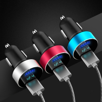 3.1A多功能一拖二车载充电器12V24V点烟器插头双usb接口电压实时监控颜 新款车充+停车牌+挂钩