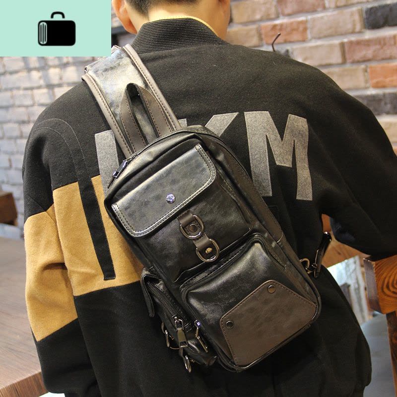 皮男士胸包2020新款时尚简约潮牌休闲小背包男包潮流单肩斜挎包NEW LAKE 黑色男士单肩包图片