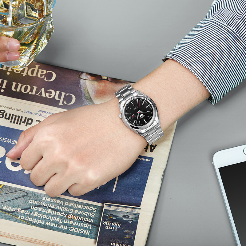 精工(SEIKO)手表 5号系列自动机械表日本原装商务休闲防水双历男士时尚腕表黑盘钢带 SNKL45J1
