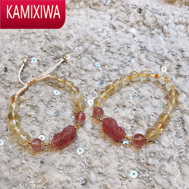 KAMIXIWA貔貅草莓晶水晶手链女编绳粉晶黄水晶金发晶手串轻奢女生手饰