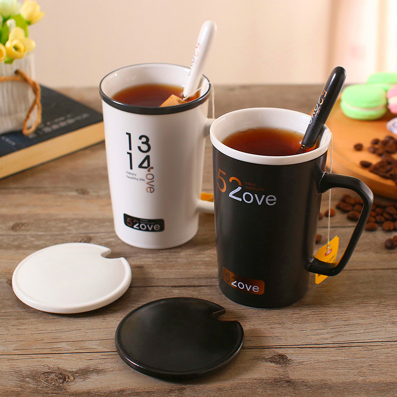 陶瓷水杯创意女生水杯 陶瓷杯带盖带勺配一对 情侣杯子 陶瓷马克杯咖啡杯茶杯