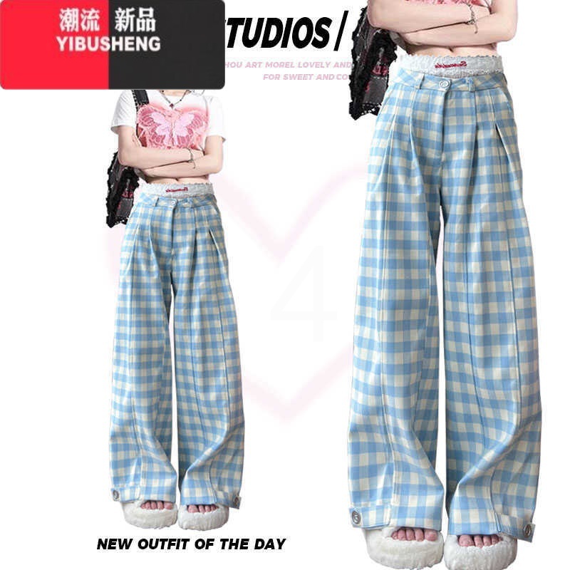 YIBUSHENG蓝色格子阔腿休闲裤女季薄款设计感慵懒风显瘦高腰垂感直筒长U高清大图