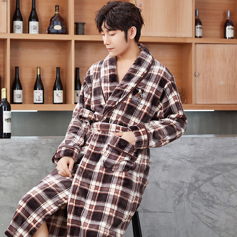 茜靓加厚睡袍男秋冬季法兰绒浴袍加长款保暖家居服珊瑚绒睡衣男视频