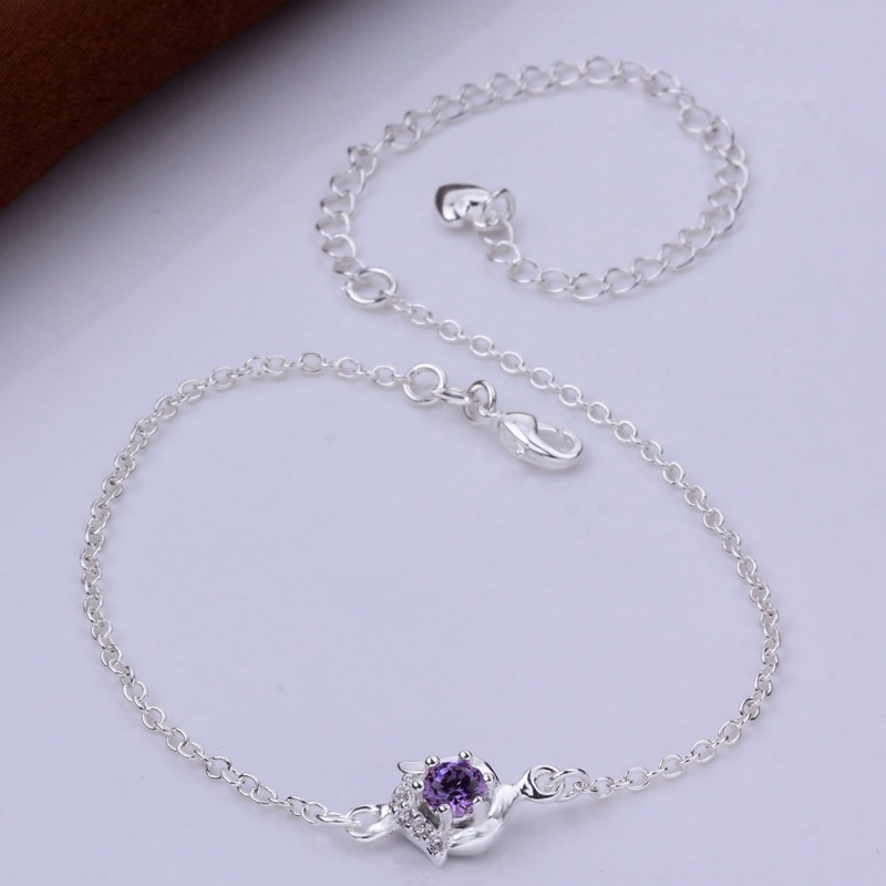 A034 Women Jewelry Silver Anklet 镀银饰品花朵紫锆石脚链女潮送女朋友七夕情人节礼物