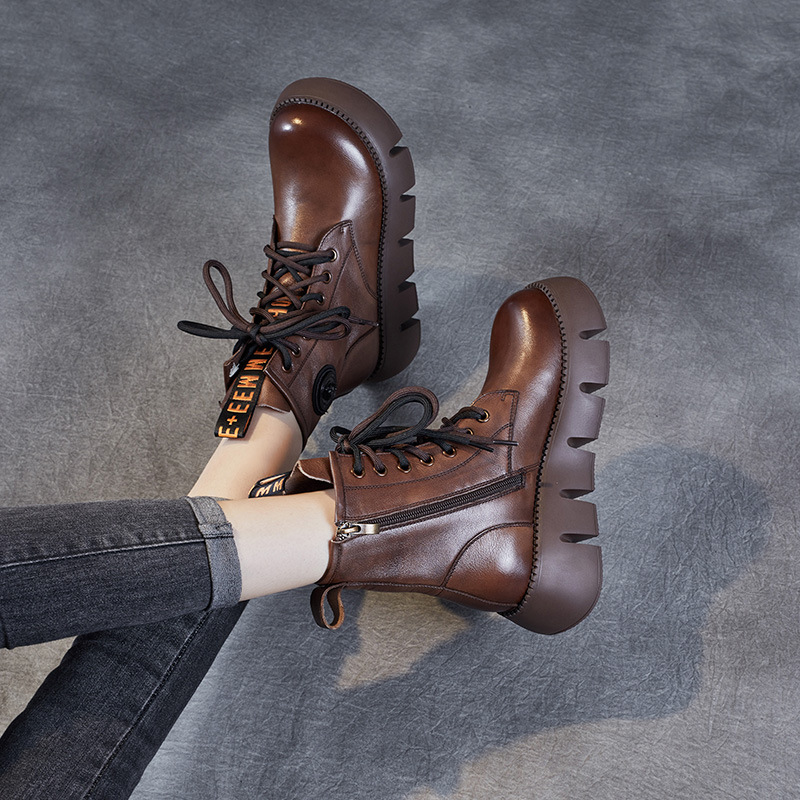 厚底短靴女2023秋冬新款真皮圆头系带侧拉链休闲松糕靴子女马丁靴高清大图